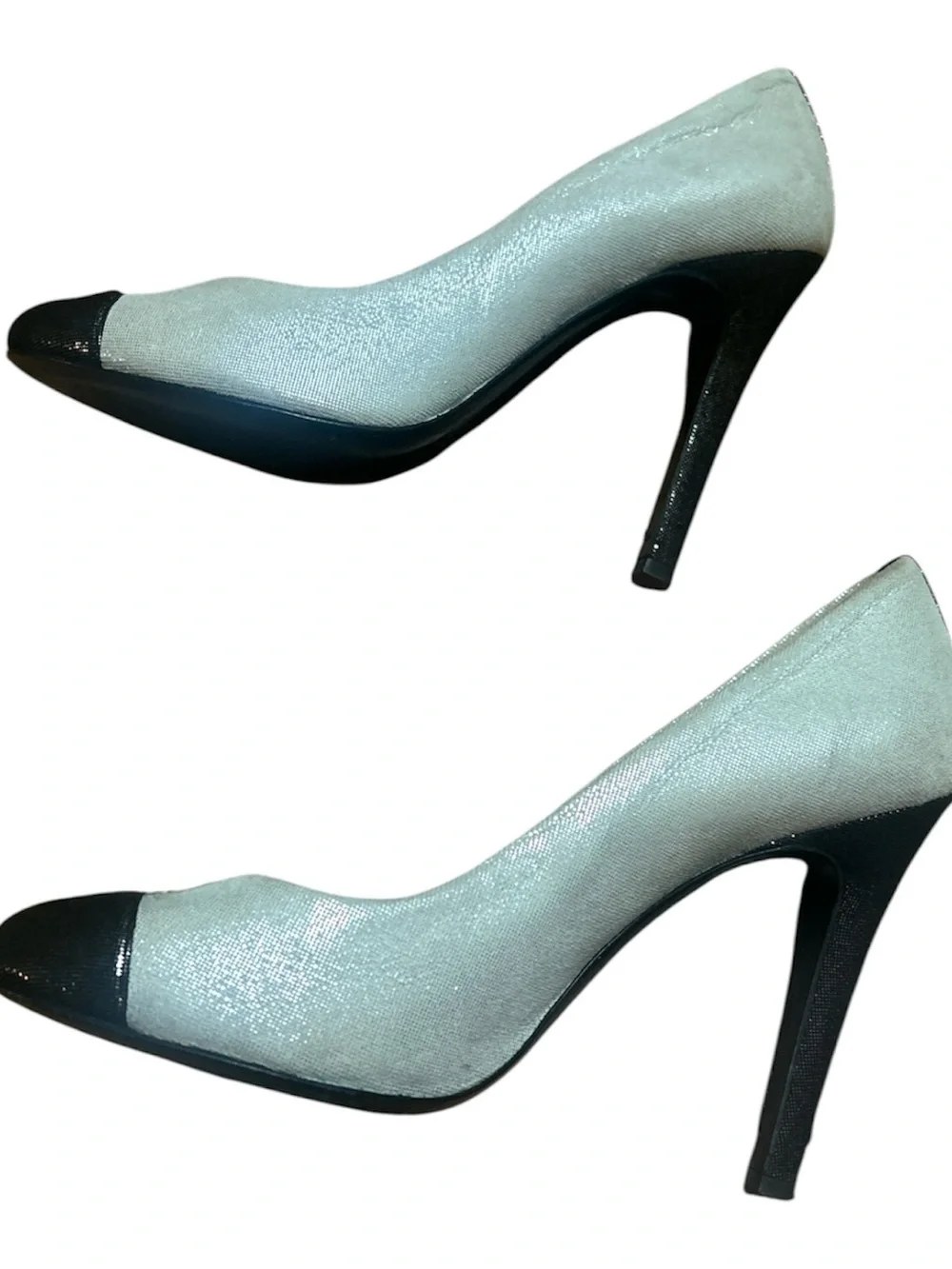 CHANEL Beige Canvas Pumps with Black Cap Toe - Picture 2 of 7